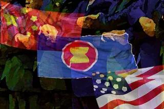 ASEAN zwischen Großmächten Zeichnung von ASEAN zwischen der amerikanischen und der chinesischen Flagge