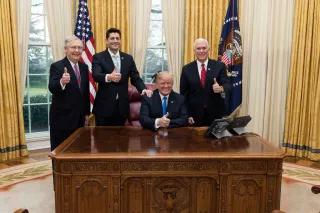 Trump, Pence, McConnell, Ryan US-Präsident Trump, US-Vize-Präsident Pence, republikanischer Mehrheitsführer McConnell, Sprecher des US-Repräsentantenhauses Ryan im Weissen Haus.
