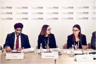 Canadian Minister of National Defense Harijt Sajjan and German State Secretary for Cyber, Policy and National Armament Katrin Suder in a discussion on "Demographic Change, Diversity and Implications for Armed Forces,” moderated by Laura Rosenberger of the German Marshall Fund A man and two women discuss at the Munich Security Conference.