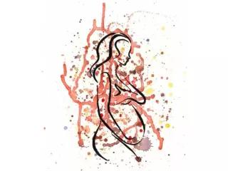 Was in der Grauzone bleibt Was in der Grauzone bleibt - Die Illustration zeigt einen weiblichen Körper mit dickem Schwangerschaftsbauch und roten Farbsprenklern