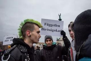 A protester is demonstrating for independent courts Protesting for independent courts