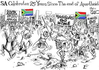 Xenophobia 25 Years after Apartheid in South Africa Karikatur der Feierlichkeiten zum 25 jährigen Jubiläum des Endes der Arpartheid