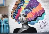 Wall art featuring a woman with a colourful afro.