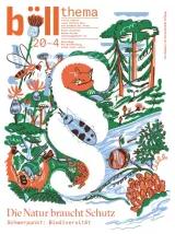 Cover des Magazins Böll.Thema 04/20 "Die Natur braucht Schutz", Abbildung: Ein weißes Paragrafen-Symbol vor verschiedenen Tieren und Pflanzen