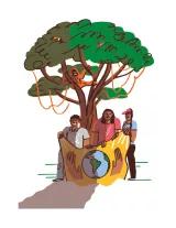 Illustration: Baum mit Affe, drei internationale Menschen halten Fahne mit Weltkugel