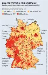 Infrastrukturatlas: Auf einer Karte ist die Bevölkerungsdichte in Deutschland nach Gemeinden im Jahr 2018 abgebildet.