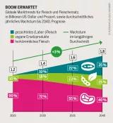 Fleischatlas Infografik: Perspektive 2040: Auf nur noch 40 Prozent des Marktes könnte der Anteil konventionellen Fleisches schrumpfen Fleischatlas Infografik: Globale Markttrends für Fleisch und Fleischersatz, in Billionen US-Dollar und Prozent, sowie durchschnittliches jährliches Wachstum bis 2040, Prognose
