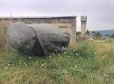 Eine Stalin-Statue liegt auf einer Wiese (Blick auf den Kopf)