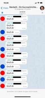 Screenshot eines Telegramgruppenchats namens "MacBeth" mit zwei Accounts, die mehrmals "Gruß dir" schreiben