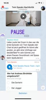Screenshot eines Telegramchats: "Liebe Leute bei Zoom in das war die erste Episode von Twin Speaks der Chat ist jetzt geöffnet ihr könnt alle posten, es gibt eine Umfrage wer der/die Täter*in sein könnte und einen Pausen Scoundtrack und viel Spass beim Spekulieren" 