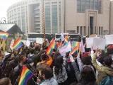 Photo by an anonymous source published by the Boğaziçi Öğrenci Meclisi (Istanbul 2021), people demonstrating with rainbow and trans flags.