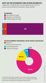 Bereits bei geringer Konzentration gefährden hormonschädliche Chemikalien, sogenannte Endocrine Disrupting Chemicals (EDC), die Gesundheit. Enthalten sind sie zum Beispiel in Kosmetik oder Pestiziden Pestizidatlas Infografik: Folgekosten in Milliarden Euro im Gesundheitssystem in der EU durch hormonschädliche Chemikalien, Studie aus 2015
