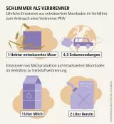 Ein Auto könnte 280 Milliarden Mal um die Erde fahren und würde dadurch trotzdem nicht mehr CO₂ emittieren als entwässerte Moore in Deutschland – jedes Jahr Mooratlas Infografik: Jährliche Emissionen aus entwässertem Moorboden im Verhältnis zum Verbrauch eines Verbrenner-PKW
