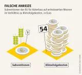 Nach wie vor begünstigt die europäische Agrarpolitik klimaschädliche Landwirtschaft. Dabei wäre Moorschutz auch volkswirtschaftlich ein Gewinn Mooratlas Infografik: Subventionen der EU für Ackerbau auf entwässerten Mooren im Verhältnis zu Klimafolgekosten, in Euro
