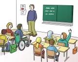 Eine Schulklasse ist abgebildet. Der Lehrer steht vorne an der Tafel