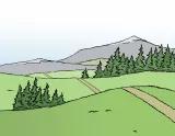 Hügel im Vordergrund und Berge im Hintergrund sind abgebildet