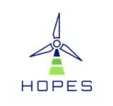 Logo von HOPES: Ein blaues Windrad, dessen Rumpf aussieht, wie der grüne Ladebalken eines Akkus