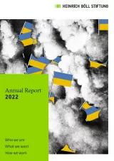 Cover of the Annual Report 2022. Ukrainian flags can be seen between dark clouds.
