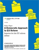 Illustration: Title page of a policy paper by the Heinrich Böll Foundation. Title: "A Democratic Approach to EU Reform". Background with yellow ballot boxes.