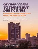 Cover: Skyline of Nairobi at sunset, with a tall, modern building in the foreground. Text on the subject of debt crisis and green growth.
