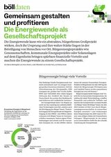 Infoblatt über Bürgerenergie mit Tortendiagramm zur Eigentumsverteilung erneuerbarer Anlagen, Fokus auf lokaler Beteiligung und Vorteilen.