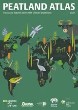 World map with illustrated animals and plants on peatlands, incl. bird, frog, dragonfly, cow, reeds, and leaves.