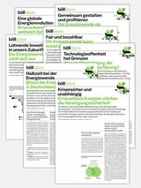 Sieben Infoblätter mit Titeln zur Energiewende, Themen wie Versorgungssicherheit, Investitionen und Technologieoffenheit.