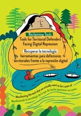 Cover-Illustration: Große sitzende Figur mit geschlossenem Auge umfasst eine Landschaft mit Wasser, Bäumen und Text in Englisch und Spanisch.