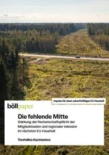 Cover der Publikation "Die fehlende Mitte"; Hintergrundbild: Ein Nadelwalt mit einer geschlagenen Schneise in der Mitte