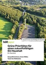 Luftaufnahme einer Straße durch Wald, rechts davon Solarpanels; oben Wohnhäuser, unten Titeltext über EU-Haushalt.