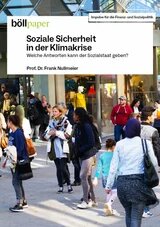 Menschen* vor einem Einkaufszentrum, einige gehen, andere stehen und unterhalten sich. Im Hintergrund Schaufenster und Glasfassade. Text im Bild:  böllpaper Soziale Sicherheit in der Klimakrise Welche Antworten kann der Sozialstaat geben? Prof. Dr. Frank Nullmeier Impulse für die Finanz- und Sozialpolitik