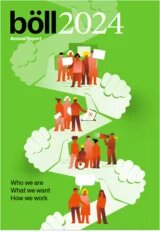 A green background with large white hands forming a path. Along the path are groups of people holding signs, voting, talking, and using a wheelchair.