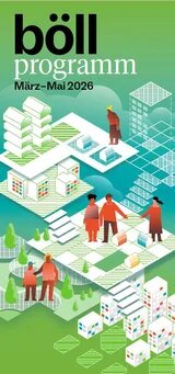 Das Deckblatt des Programms zeigt eine grafische Illustration mit verschiedenen Szenen, darunter Gebäude, Menschen, die sich die Hände reichen, und grüne Flächen. ​ Oben steht der Titel „März – Mai 2026“