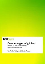 Cover: Grün-gelber Hintergrund, unten weißes Feld mit Text: „böll.paper – Erneuerung ermöglichen - Impulse für eine zukunftsfähige Finanz- und Sozialpolitik. Von Phillip Käding und Valentin Persau“