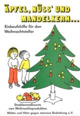 Die erste Seite Einkaufshilfe für den Weihnachtsteller. Eine Zeichnung von zwei Kindern und einem Weihnachtsbaum, an dem Strahlenwarnzeichen hängen.