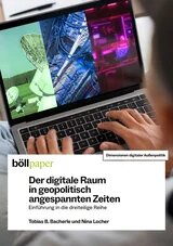 Person tippt auf Laptop. Bildschirm zeigt Satellitenschüsseln, Servertechnik und digitale Grafiken; Cover eines böll.paper.