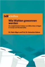 Türkise Buchcover-Grafik mit Wahlurnen. Text: „böllschriften – Wie Wahlen gewonnen werden“ von Fabio Ellger und Sebastian Bukow.