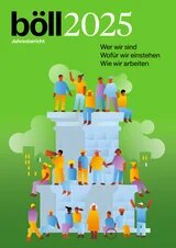 Titelbild des böll-Jahresberichts 2025: Vielfältige Menschen stehen und sitzen auf einem stilisierten Gebäude.