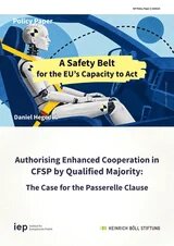 A robot sits in the driver’s seat of a car, wearing a seat belt. The cover reads “A Safety Belt for the EU’s Capacity to Act”.