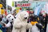 Demonstrant/innen verkleidet als Hund, Eisbär und Pinguin