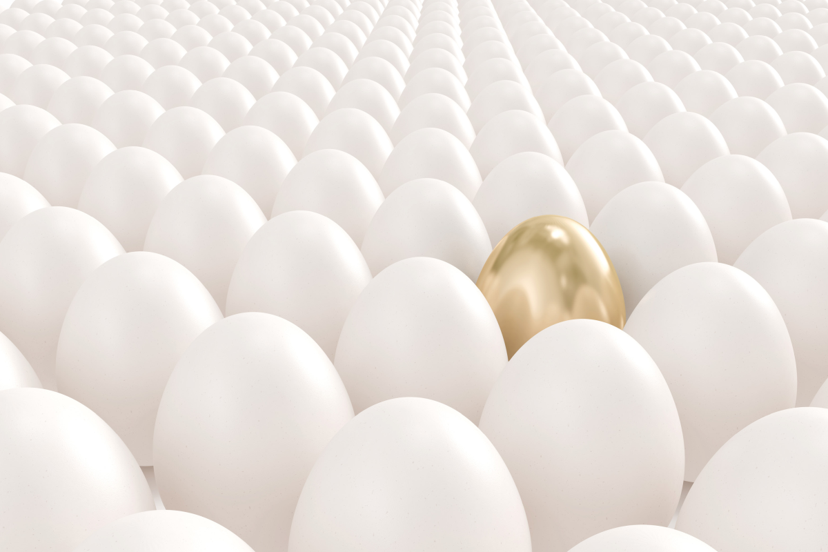 Viele weiße Eier und ein goldenes Ei Weiße Eier und ein goldenes Ei