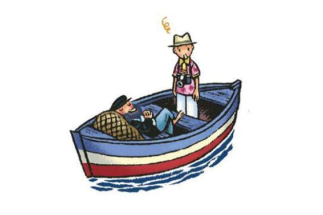 Der kluge Fischer Zeichnung: Fischer und Tourist im Boot