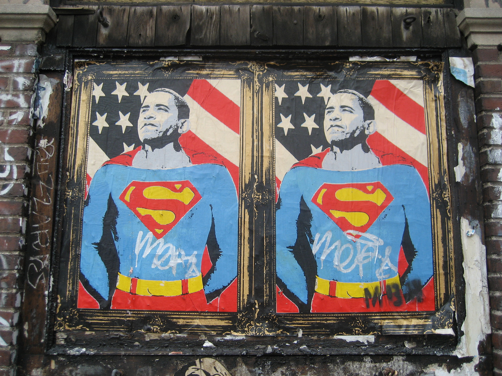Barack Obama als Superman Paste-Up von Mr. Brainwash Barack Obama als Superman Paste-Up von Mr. Brainwash