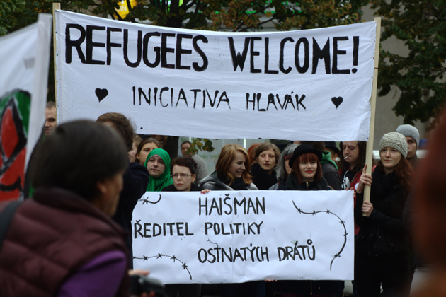 A demonstration supporting the refugees and immigrants during the European migrant crisis in fall 2015. The protest took place in Prague, at the main square (Wenceslas Square, 17. October 2015) A demonstration supporting the refugees and immigrants during the European migrant crisis in fall 2015. The protest took place in Prague, at the main square (Wenceslas Square, 17. October 2015)