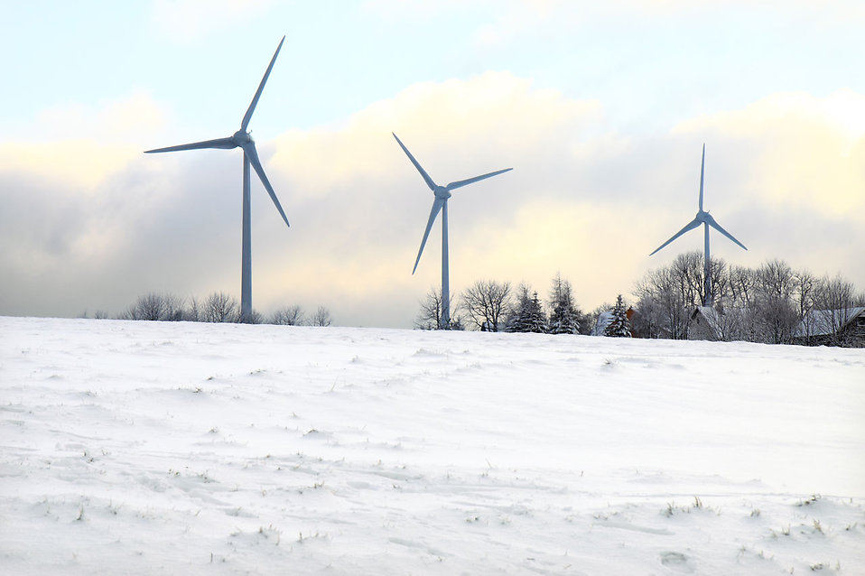Wind turbines in winter Windräder auf schneebedeckter Wiese