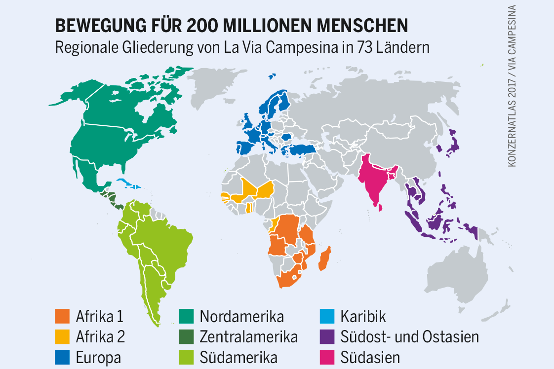 Infografik aus dem Konzernatlas 2017: Regionale Gliederung von La Via Campesina in 73 Ländern Aus dem Konzernatlas 2017: Protest, Boykott und Widerstand