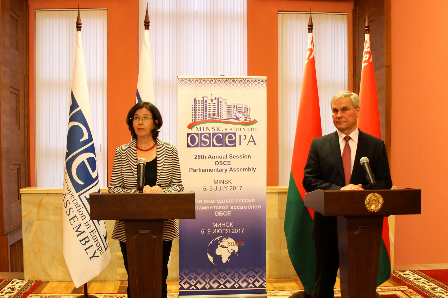 OSCE PA President Christine Muttonen and Chairman of the House of Representatives of the National Assembly of Belarus Vladimir Andreichenko, 15 March 2017