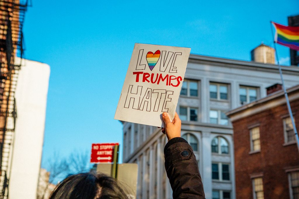 LGBT Solidarity Rally A sign saying "Love Trumps Hate" on a LGBT Solidarity Rally in New Yorkk