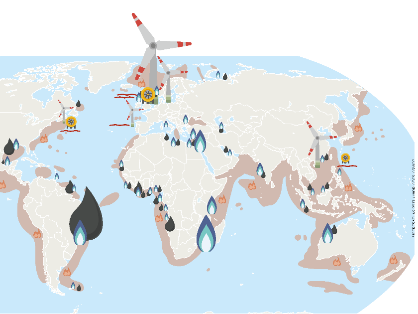 Aus dem Meeresatlas 2017: Weltkarte Energieerzeugung und Ressourcenvorkommen Infografik aus dem Meeresatlas 2017: Weltkarte Energieerzeugung und Ressourcenvorkommen