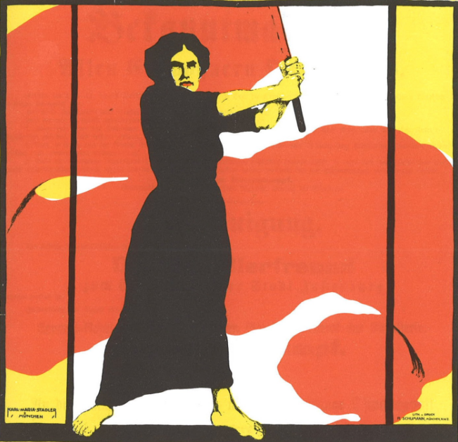 100 Jahre Frauenwahlrecht Eine Frau schwing eine Fahne auf einem Plakat von 1914